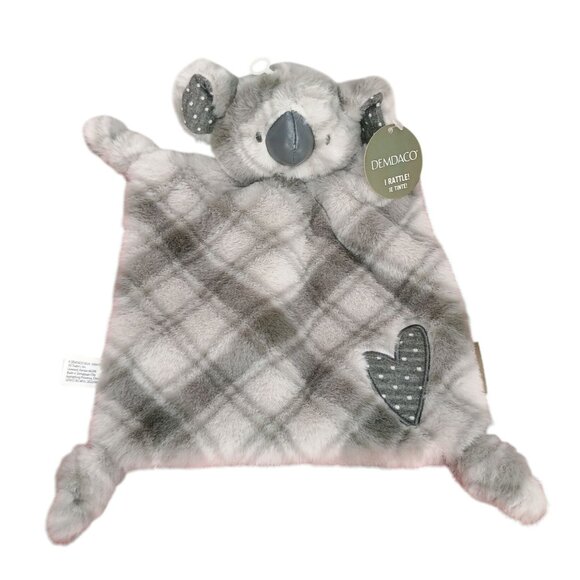Demdaco Koala Kisses Rattle Blankie 9" X 9" Soft Plush Baby Toy Gray White Plaid - Picture 1 of 8